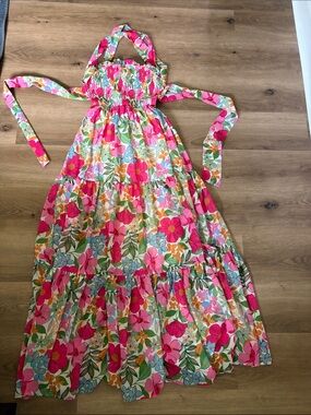 Flying Tomato Pink Multi Floral Smocked Cross Strap and Tie Maxi Dress